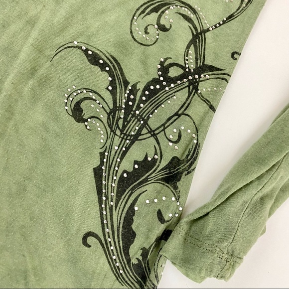 Pink Cattlelac, Green, Long Sleeve, Rhinestone TShirt, Boho Style - Picture 3 of 6
